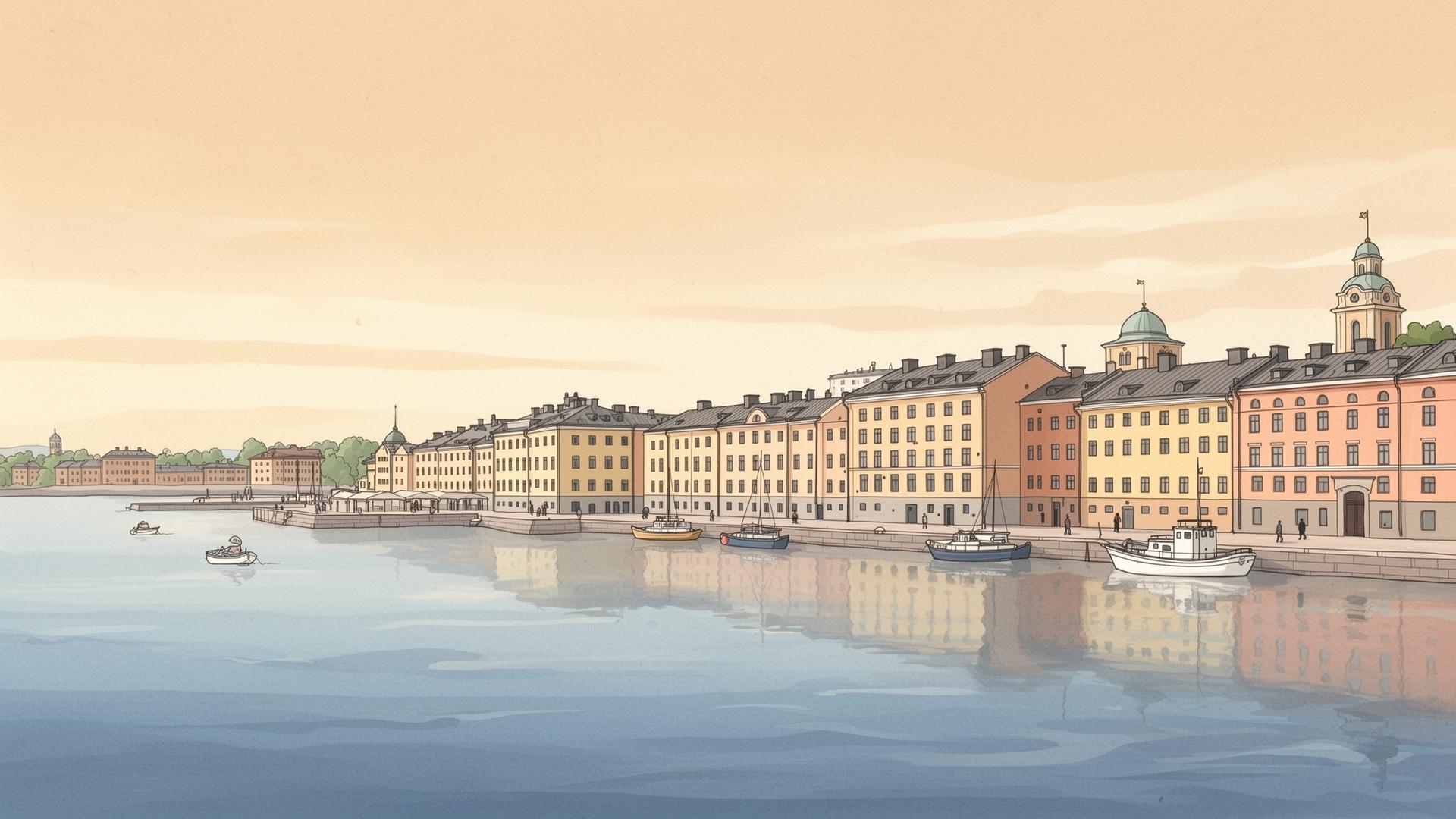 Illustrated view of the Helsinki harbor and coastline