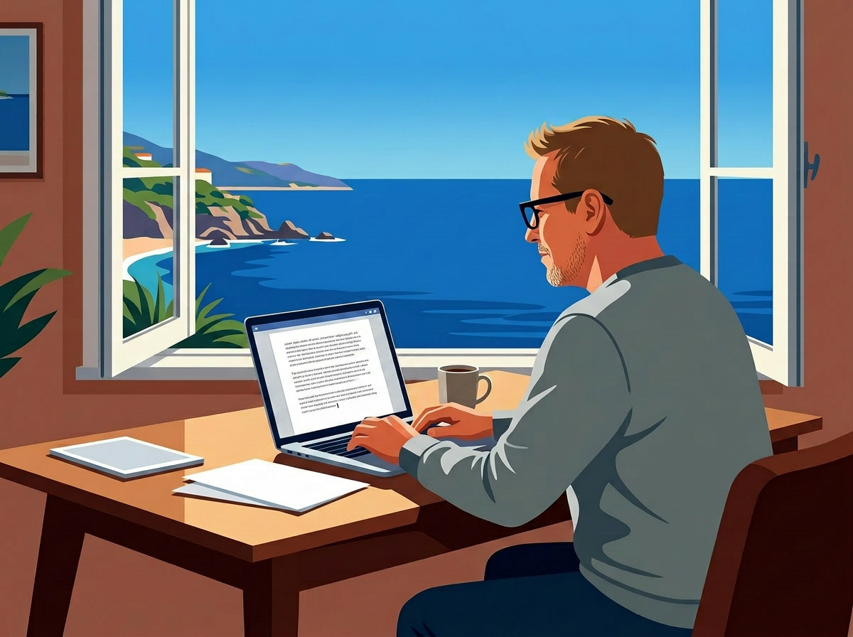 Illustrated man working at a laptop beside an open window overlooking the sea